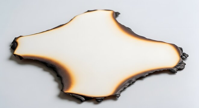 Close up of an irregularly shaped piece of white paper with burnt edges laying on a clean white surface vivid texture detail of singed paper with black and brown scorch marks