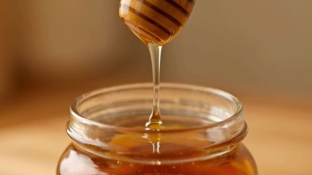 A close-up captures the enchanting scene of honey dripping from a wooden dipper into a glass jar, a visual ode to nature's golden elixir.