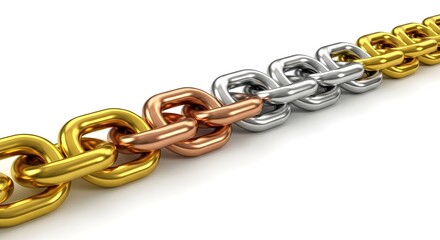 Obraz premium Close up of gold copper and silver metal chain links connected horizontally on white background with reflective surface shine and three dimensional depth perspective