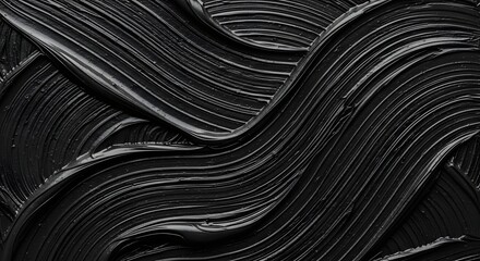 Close up black thick paint strokes with glossy texture creating smooth sweeping curves and dynamic flowing patterns in high contrast lighting