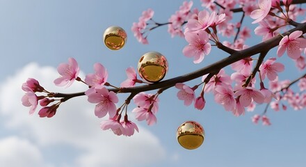 Close up vibrant pink cherry blossom branch with floating reflective gold spheres against bright blue sky with soft white clouds during spring daylight