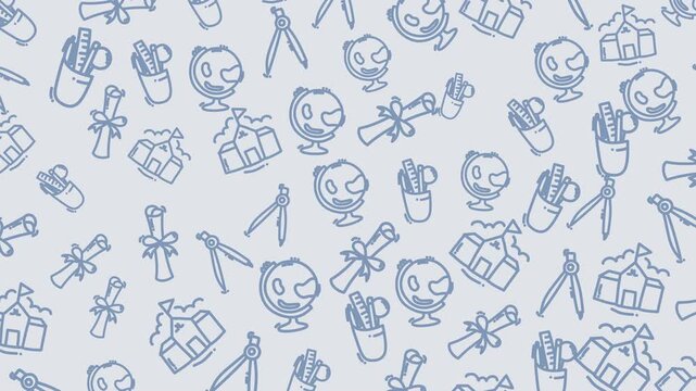 Loopable seamless travel icon pattern background in blue line art featuring globes compasses backpacks binoculars and maps ideal for travel presentations social media and websites.