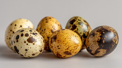 Obraz premium Speckled quail eggs on neutral minimal background.