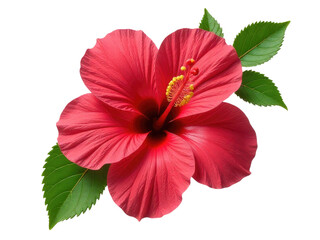 A single red flower with green leaves on a white background