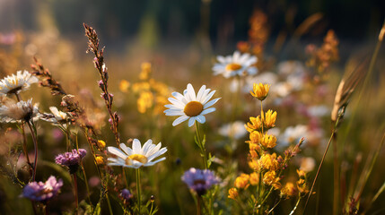 Wildflowers in natural sunlight with blurred background. Freedom and nature concept.