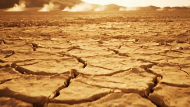 Barren cracked desert landscape under a hazy sky. A sense of desolation and environmental concern emanates from the parched earth and distant, indistinct shapes.