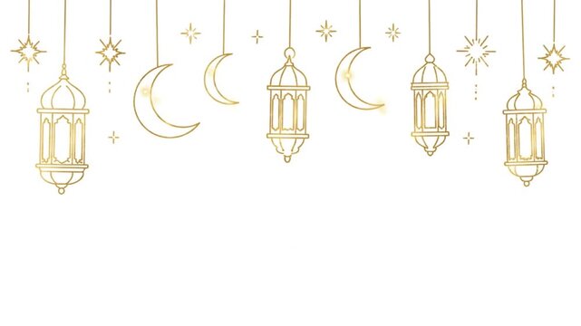 Golden line art Ramadan decorations: lanterns, crescent moons, and stars on a white background