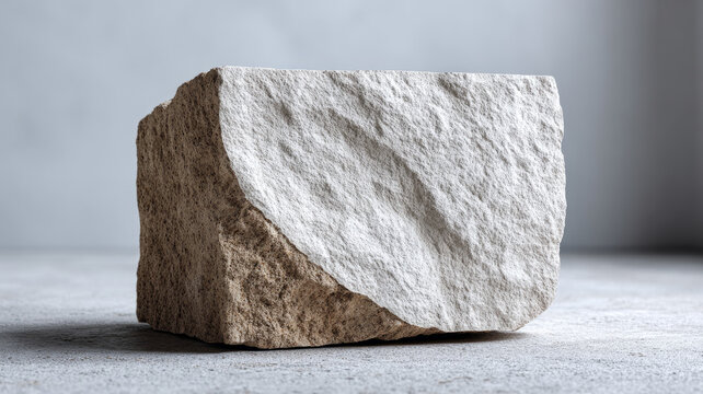 Textured natural stone block on minimalist concrete surface