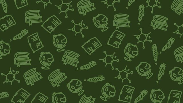 Seamless handdrawn education doodle pattern on green background featuring school icons notebooks pens desks and science motifs ideal for packaging textiles and digital designs.