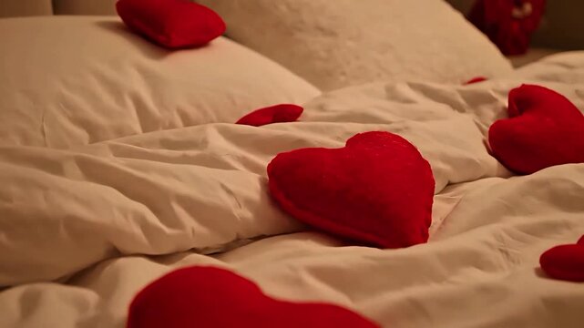 Cozy Bed Decor Valentine's Day Setup with Soft Hearts and White Linens in a Romantic Bedroom