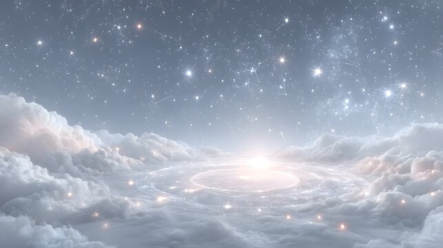 光の輪が広がる幻想的な天空と星空の神秘背景