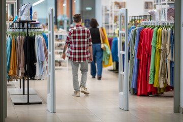 Obraz premium Customers walking through a clothing store entrance between security gates