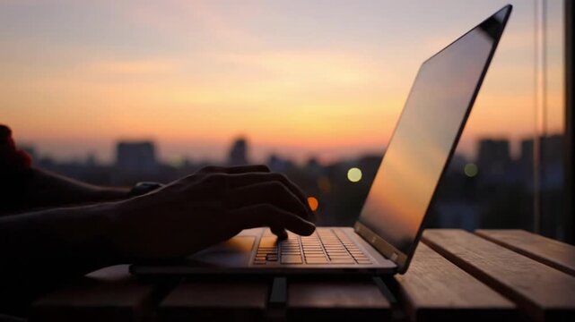 Silhouette of hands typing on a laptop at sunset with city lights in the background
