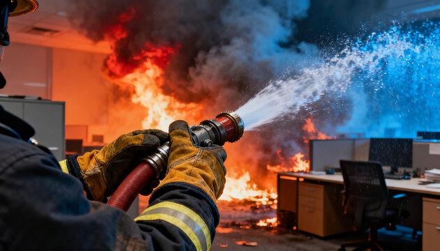 Brave firefighter in protective gear spraying water from hose to extinguish massive fire in modern corporate office interior.