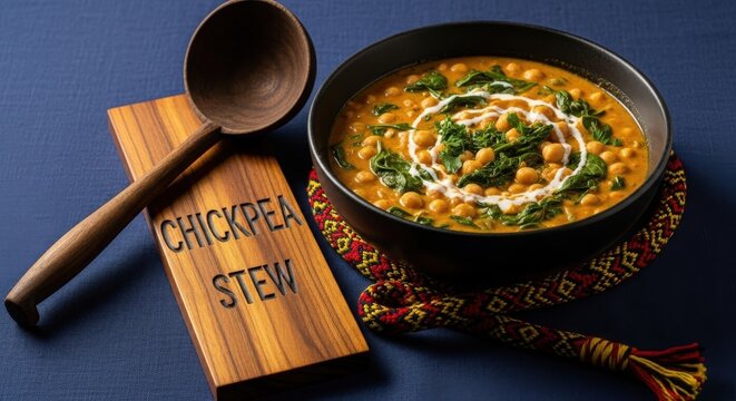 Creamy Chickpea and Spinach Stew in Deep Bowl on Indigo Cotton with Umthomboti Plaque and Incwala Cord