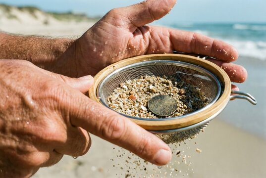 A treasure hunter's hands use a sieve to sift sand at the beach, revealing an old coin among the pebbles.