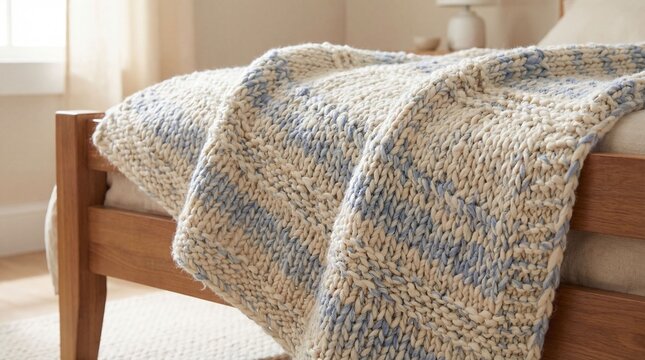 Chunky knit cream and blue throw blanket draped over a wooden bed frame in a sunlit bedroom