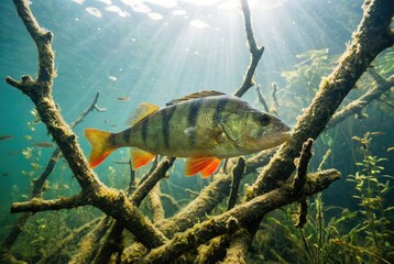 Obraz premium A striped European perch with orange fins swims among submerged, mossy tree branches.