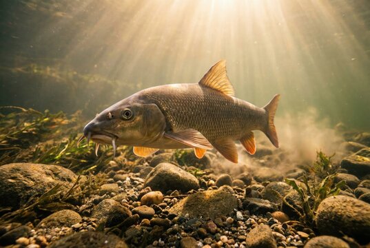 A barbel fish swims underwater near a rocky riverbed, illuminated by sunbeams.