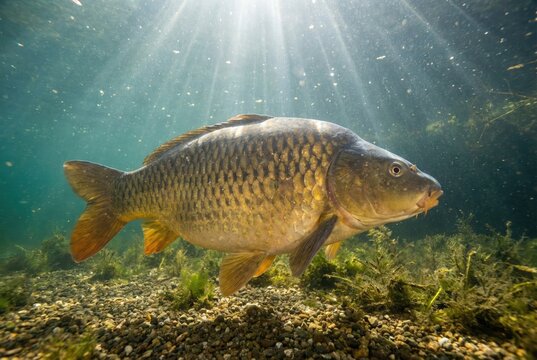 A common carp swims in a clear river, beautifully lit by rays of sunlight from above.