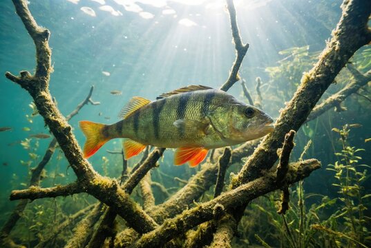 A striped European perch with orange fins swims among submerged, mossy tree branches.