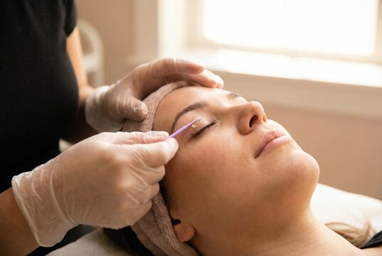 A beautician in gloves applies a treatment to a client's eyelashes during a lamination procedure.