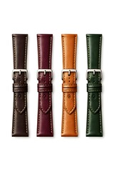 Four isolated genuine leather watch straps in dark brown, burgundy, tan, and forest green with silver buckles on a white background.