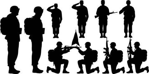 Silhouette of military soldiers standing, saluting, and kneeling with rifles, army troops in uniform, war service honor vector illustration