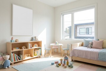 A bright, sunlit children's room with a blank frame mockup, wooden furniture, and colorful Montessori toys.