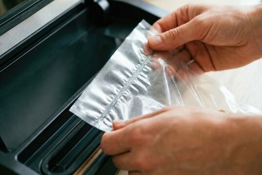 A person holds a freshly sealed plastic bag from a vacuum sealer machine, showing the airtight seal.