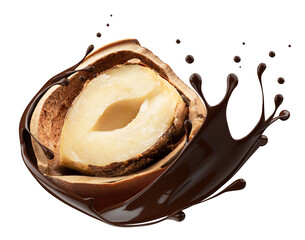 Hazelnuts with chocolate splash on white background