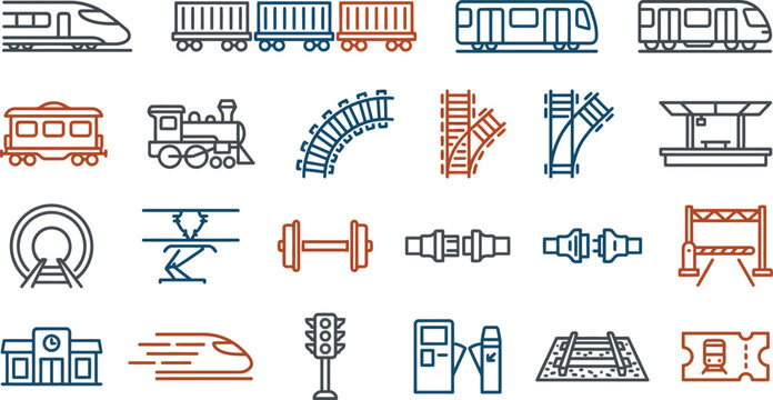 Detailed collection of stylized, colorful vector icons representing various elements of modern rail transportation systems.