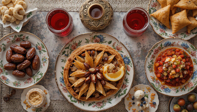 Traditional Iftar table with dates, samosas, fruit chaat, and Rooh Afza top view