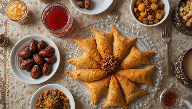 Traditional Iftar table with dates, samosas, fruit chaat, and Rooh Afza top view