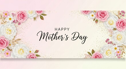 Happy Mother's Day Banner with Pink and White Roses, Floral Design