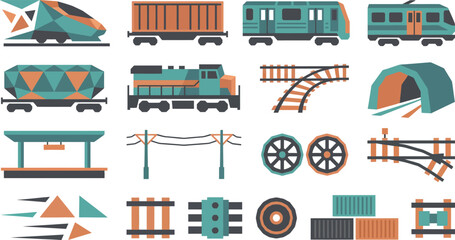 Collection of pixel art icons representing various components of a railway transportation system © Septarim