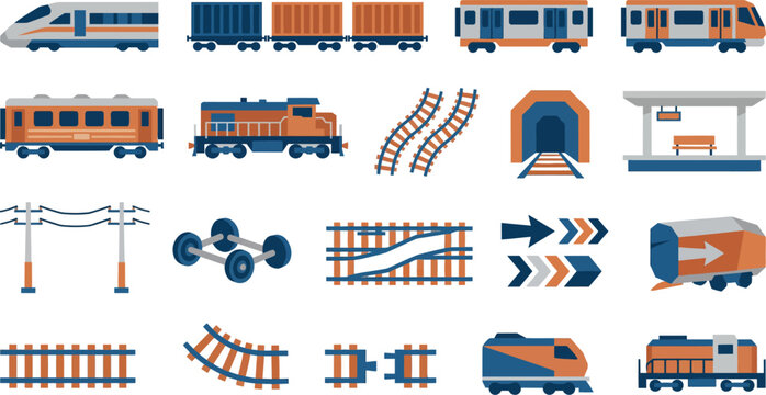 Collection of pixel art train icons including engines, passenger cars, tracks, and station elements.
