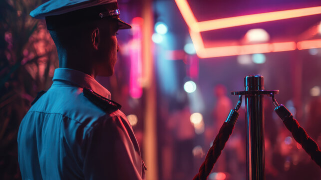 Vibrant Nightclub Entrance: Security Guard at the Velvet Rope, Neon Lights, Cinematic Style