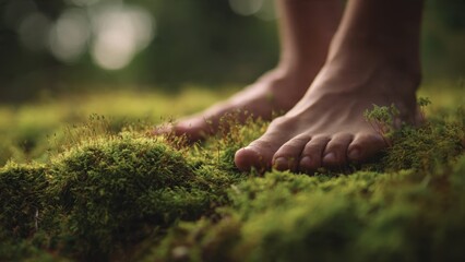 Bare feet on mossy forest floor