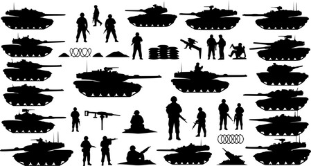 Tank war army silhouettes set, large pack of vector silhouette design, isolated white background