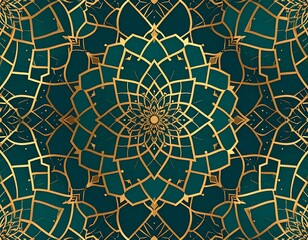 A highly detailed mandala design featuring radiating golden lines against a deep teal backdrop showcases complex symmetry and opulent texture suitable for textile printing.