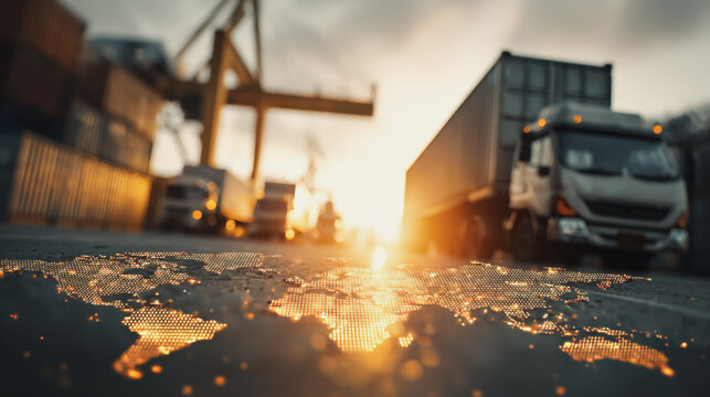 Container truck in ship port for business Logistics and transportation of Container Cargo ship and Cargo plane 