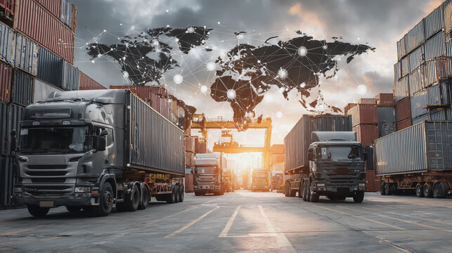 Container truck in ship port for business Logistics and transportation of Container Cargo ship and Cargo plane 