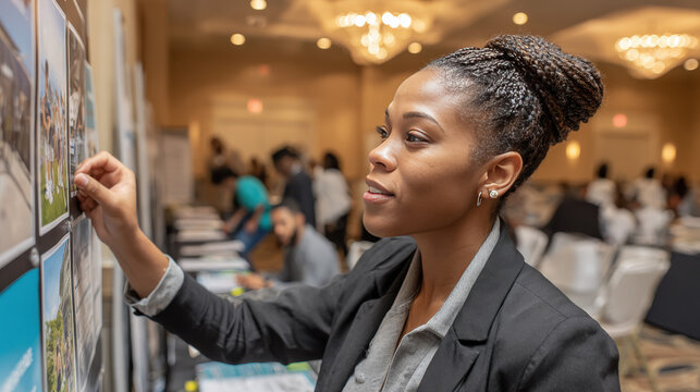 Empowering Careers: Woman Prepares Booth for Black Students, Office Dodgeball in the Background