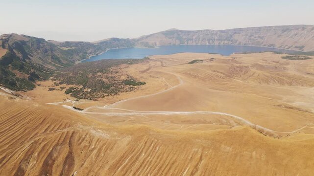 aerial view of Nemrut Crater Lake in Eastern Turkey, nestled within the caldera of the dormant Nemrut Volcano
