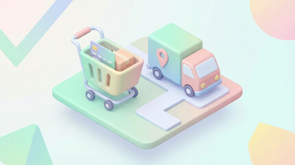 Obraz premium A colorful 3d illustration of a shopping cart and delivery truck on a smartphone screen with a pastel background