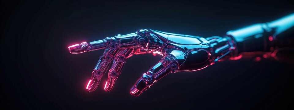 Robot hand reaching out in dark background with neon lights, symbolizing future technology, AI, and connectivity, with copy space