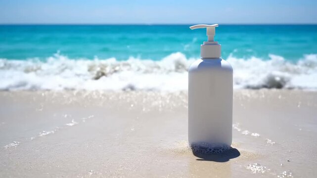 Unlabeled sunscreen pump bottle on sand; tropical ocean waves background concept.