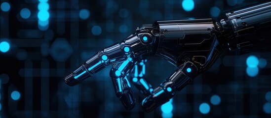 Fototapeta premium Robot hand with glowing blue lights on a dark digital background, representing artificial intelligence and advanced technology