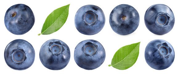 Fresh blueberries and green leaves isolated on white, set